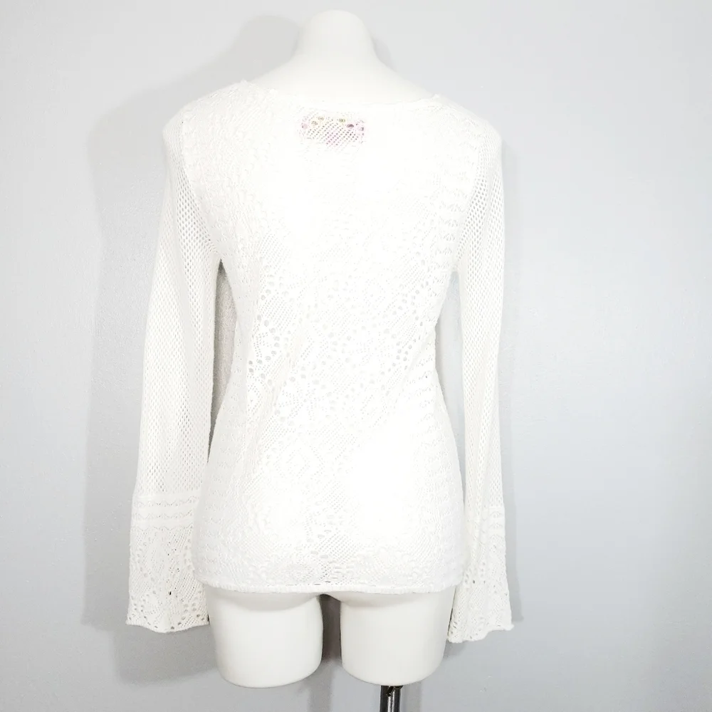 Macbeth Collection White Crochet Pointelle Knit Bell Sleeve Pullover Sweater Top